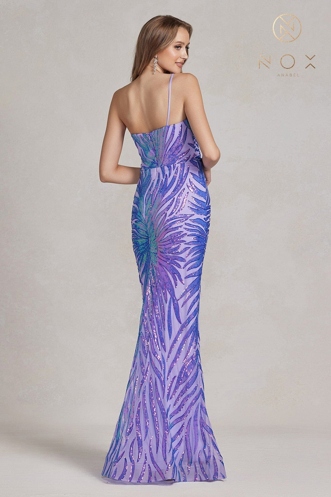 Sequin Print One Shoulder Gown by Nox Anabel R1204