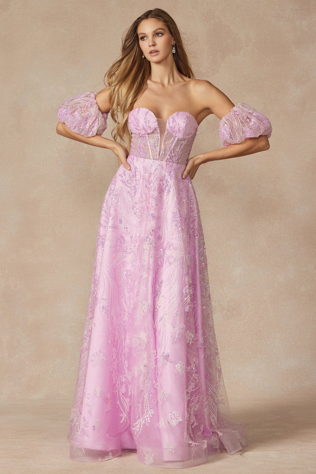 Sequin Print Corset Gown with Puff Sleeves by Juliet 2404 Sky Blue / M Sequin Print Corset Gown with Puff Sleeves by Juliet 2404 Sky Blue / M