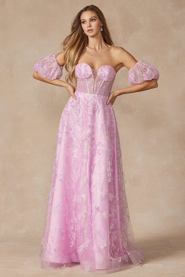 Sequin Print Puff Sleeve Corset Gown by Juliet 2404