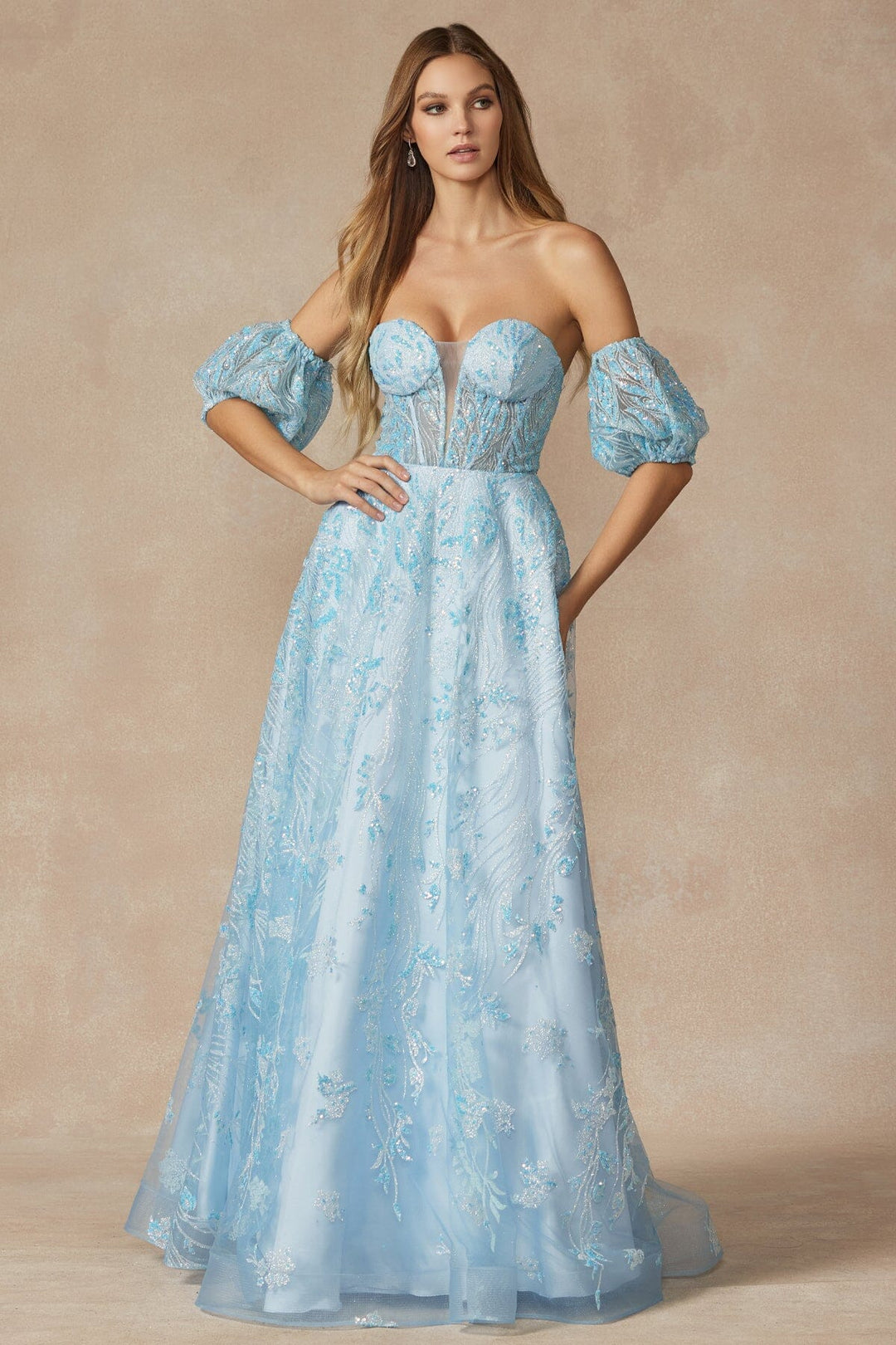 Sequin Print Puff Sleeve Corset Gown by Juliet 2404