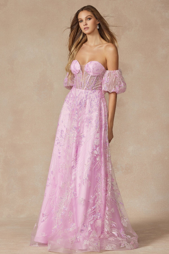 Sequin Print Puff Sleeve Corset Gown by Juliet 2404