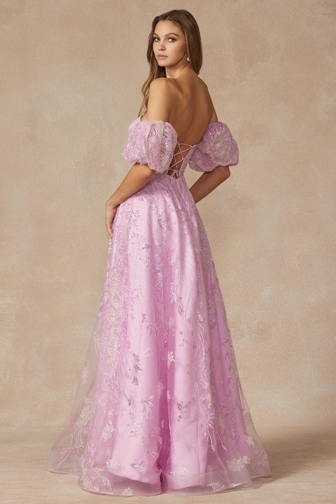 Sequin Print Puff Sleeve Corset Gown by Juliet 2404