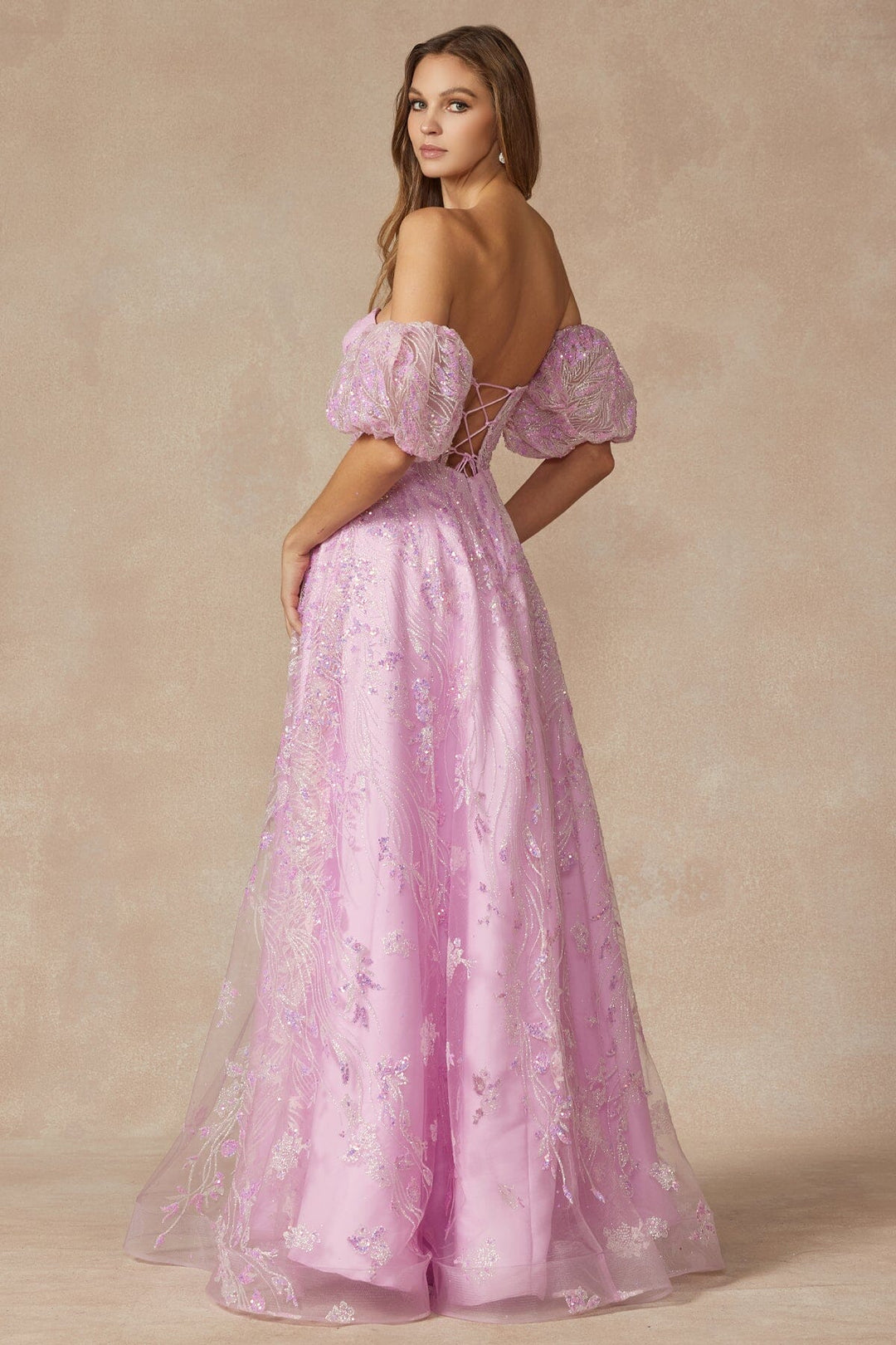 Sequin Print Puff Sleeve Corset Gown by Juliet 2404