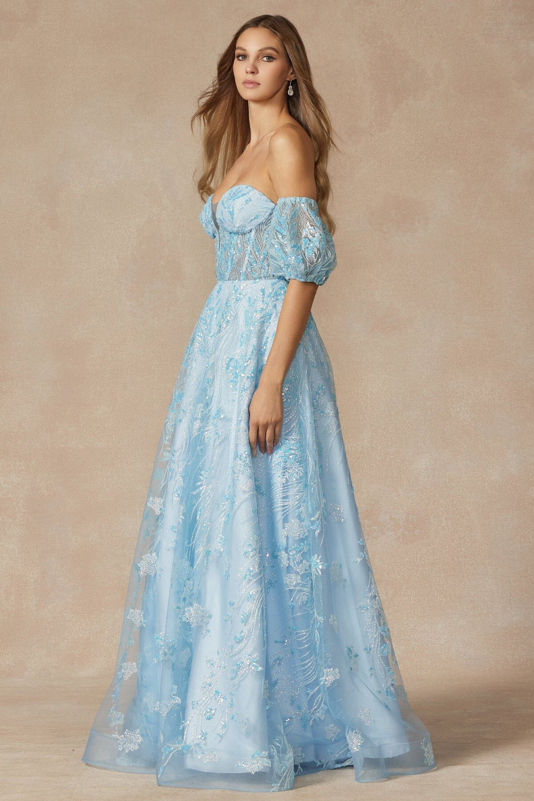 corset dress with sleeves Sequin Print Puff Sleeve Corset Gown by Juliet 2404 – ABC Fashion