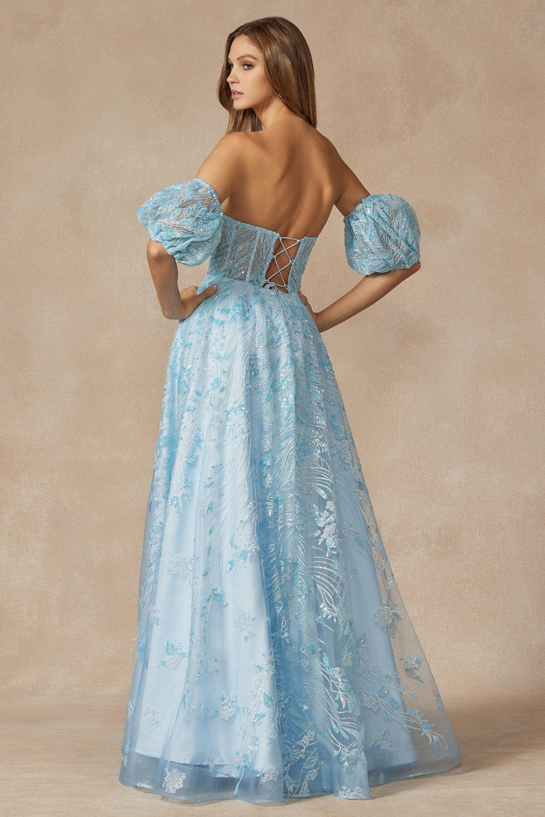 Sequin Print Corset Gown with Puff Sleeves by Juliet 2404 Sky Blue / M Sequin Print Corset Gown with Puff Sleeves by Juliet 2404 Sky Blue / M