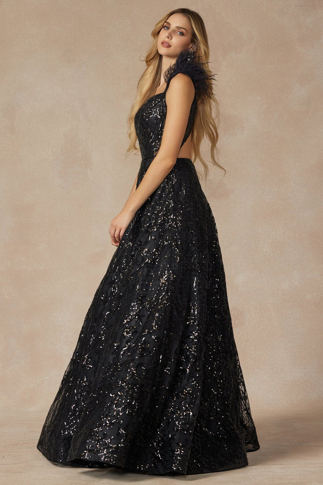 Sequin Print Sleeveless Feather Gown by Juliet 297