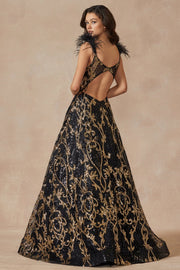 Sequin Print Sleeveless Feather Gown by Juliet 297