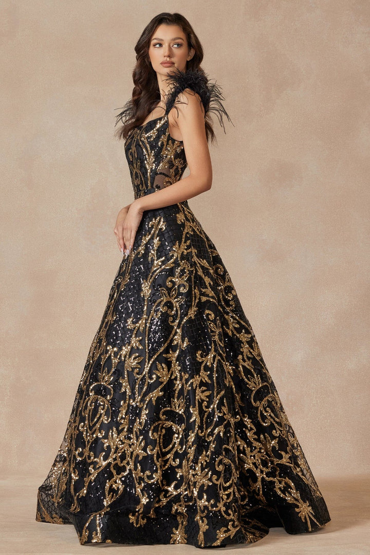 Sequin Print Sleeveless Feather Gown by Juliet 297