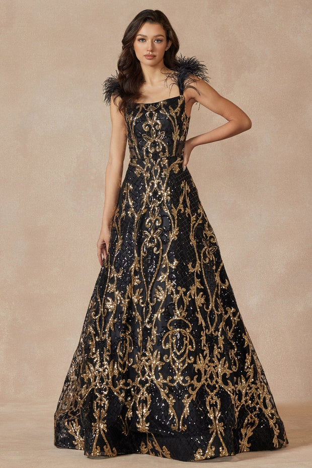 Sequin Print Sleeveless Feather Gown by Juliet 297