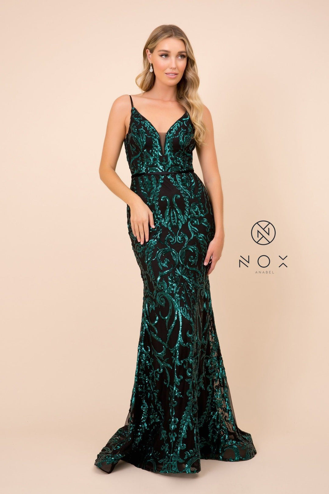 Sequin Print Sleeveless Trumpet Gown by Nox Anabel P417