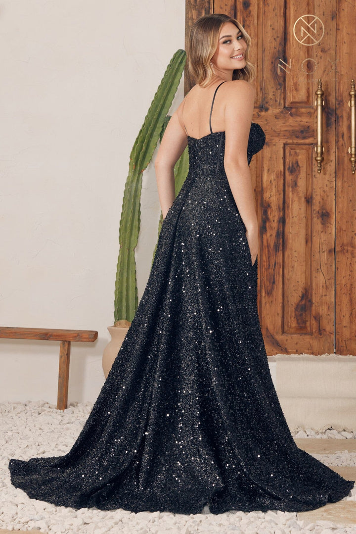 Sequin Sleeveless Corset Slit Gown by Nox Anabel A1241