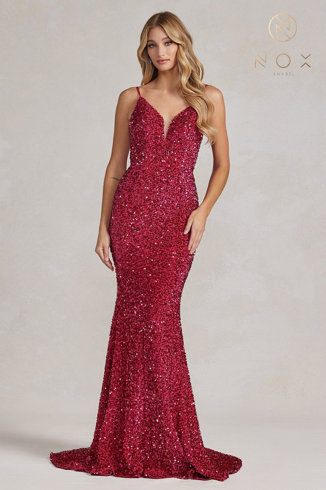 Sequin V-Neck Mermaid Gown by Nox Anabel R1071
