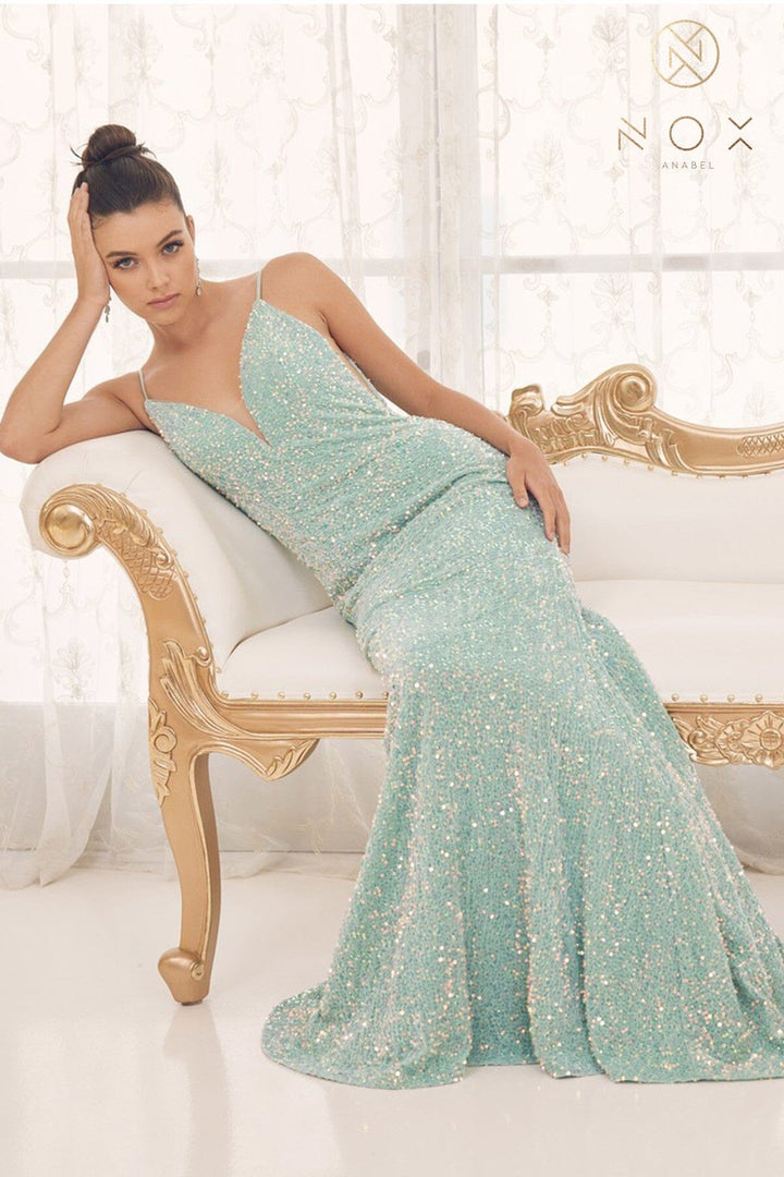 Sequin V-Neck Mermaid Gown by Nox Anabel R1071