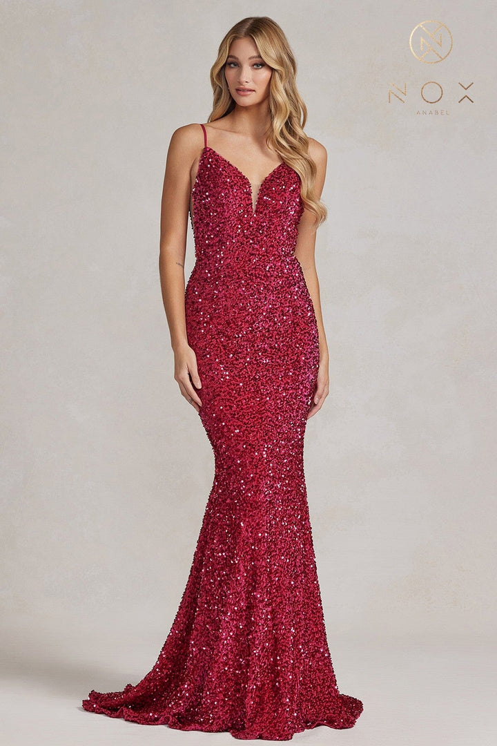 Sequin V-Neck Mermaid Gown by Nox Anabel R1071