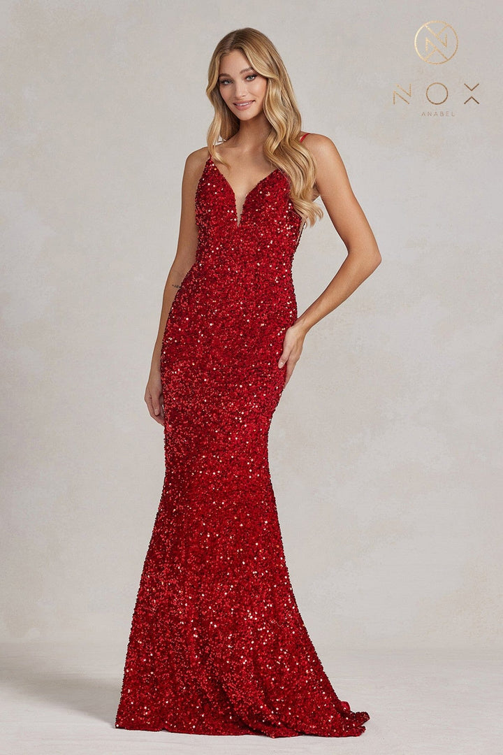Sequin V-Neck Mermaid Gown by Nox Anabel R1071