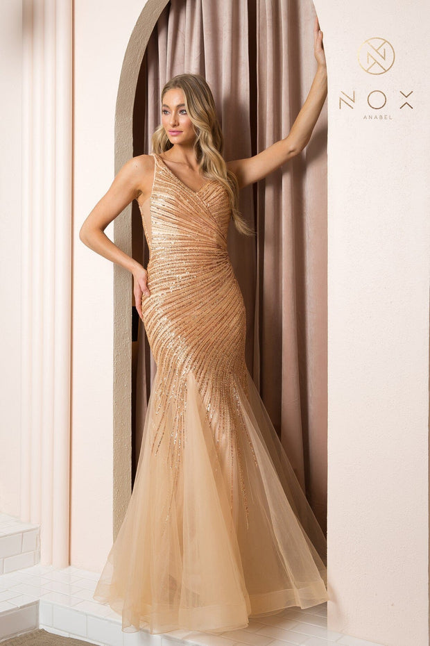Sequin V-Neck Tulle Mermaid Gown by Nox Anabel H1088