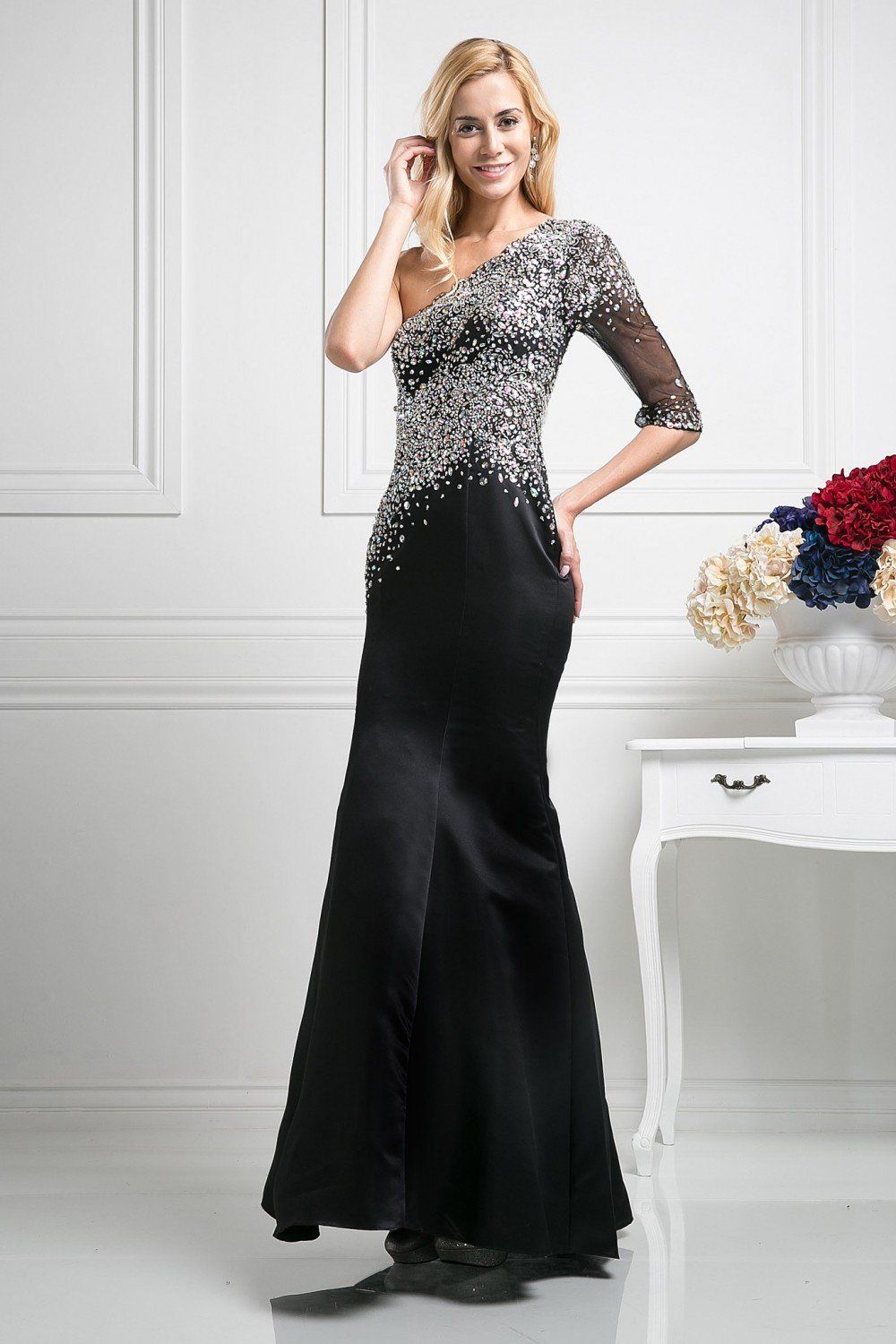 Sequined Asymmetric Trumpet Dress by Cinderella Divine 8789-Long Formal Dresses-ABC Fashion