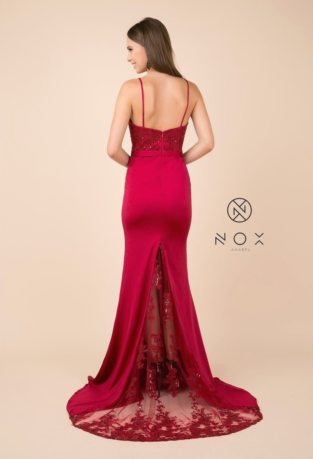 Sequined Lace Trumpet Dress with Sheer Train by Nox Anabel E276-Long Formal Dresses-ABC Fashion