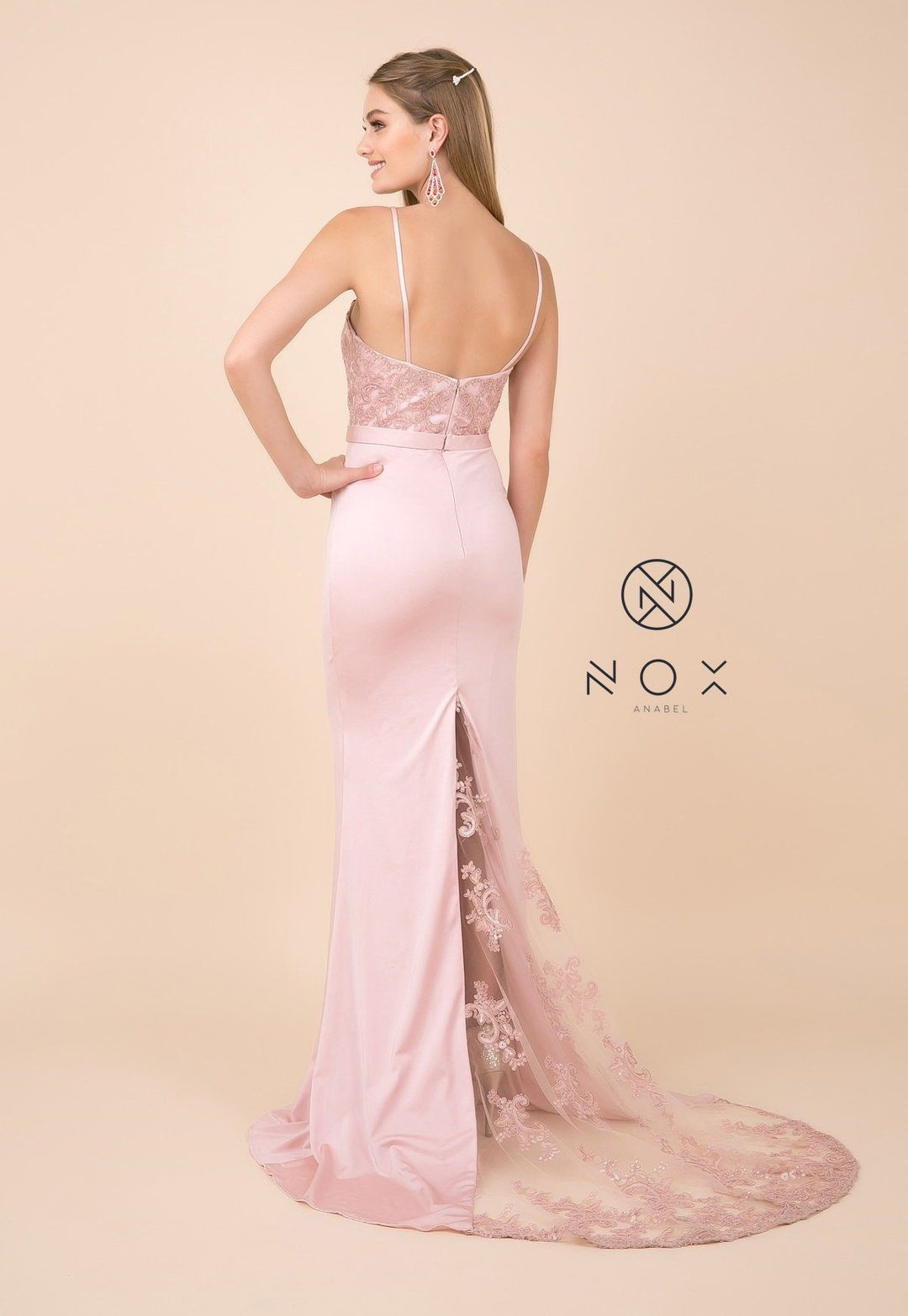 Sequined Lace Trumpet Dress with Sheer Train by Nox Anabel E276-Long Formal Dresses-ABC Fashion