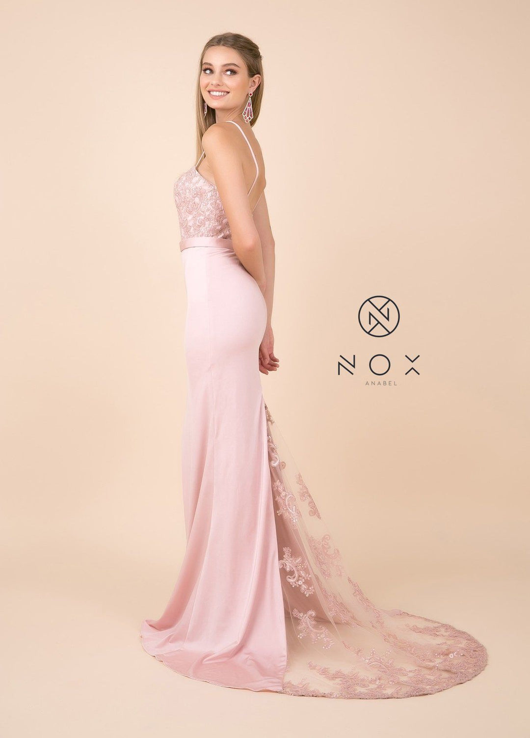 Sequined Lace Trumpet Dress with Sheer Train by Nox Anabel E276-Long Formal Dresses-ABC Fashion