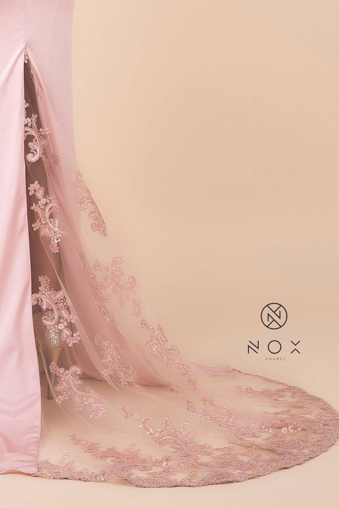 Sequined Lace Trumpet Dress with Sheer Train by Nox Anabel E276-Long Formal Dresses-ABC Fashion