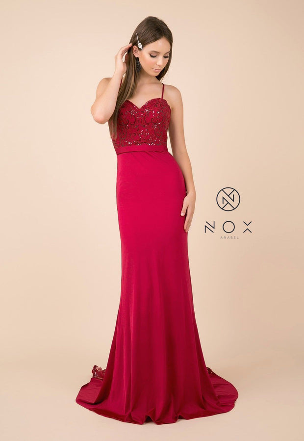 Sequined Lace Trumpet Dress with Sheer Train by Nox Anabel E276-Long Formal Dresses-ABC Fashion