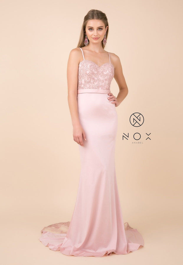Sequined Lace Trumpet Dress with Sheer Train by Nox Anabel E276-Long Formal Dresses-ABC Fashion