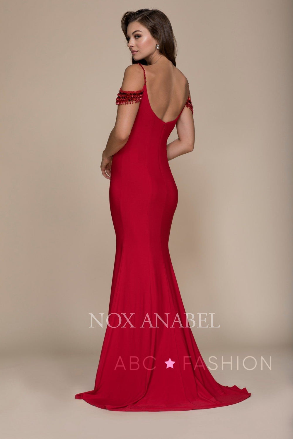 Sequined Off The Shoulder Mermaid Dress by Nox Anabel A073-Long Formal Dresses-ABC Fashion