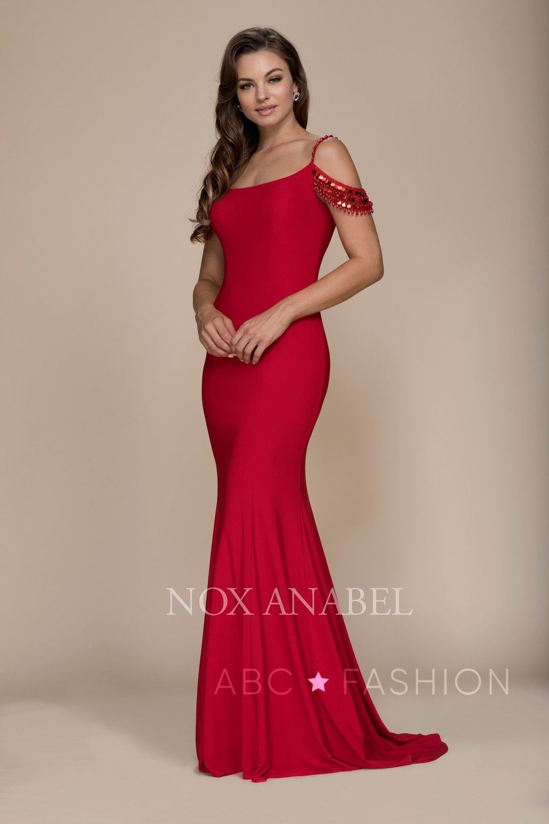 Sequined Off The Shoulder Mermaid Dress by Nox Anabel A073-Long Formal Dresses-ABC Fashion
