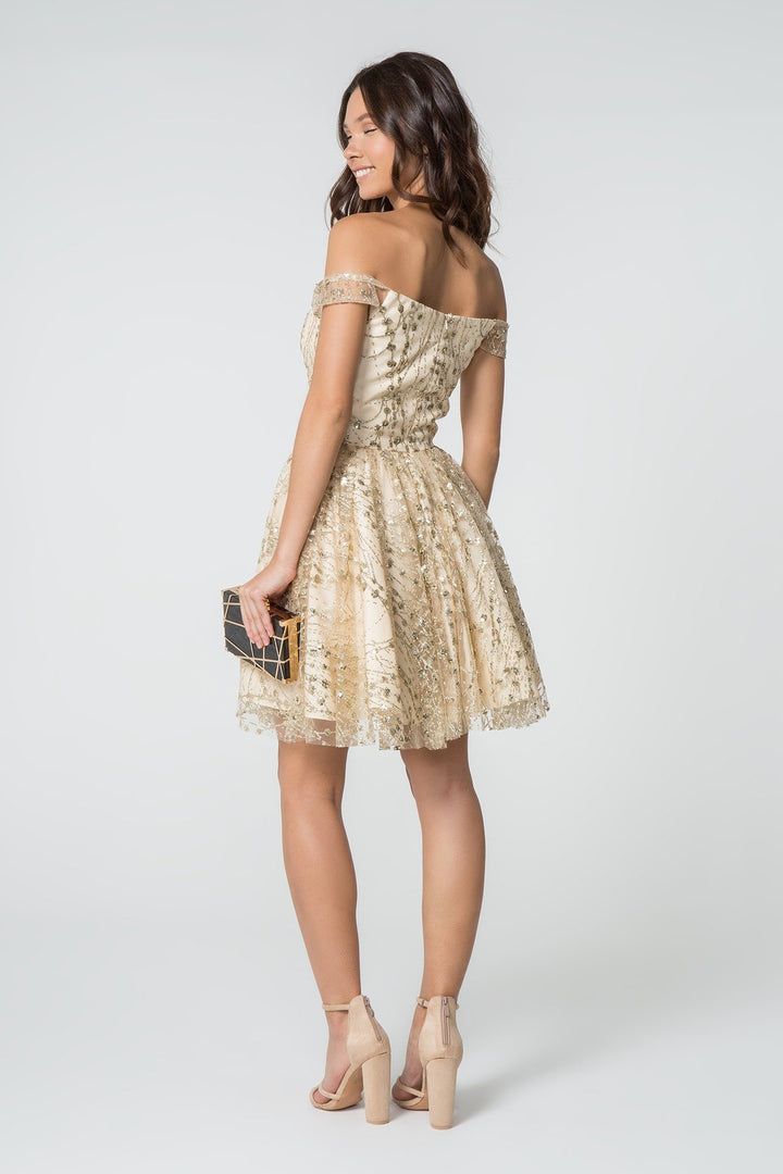 Sequined Short Off Shoulder Glitter Dress by Elizabeth K GS2833-Short Cocktail Dresses-ABC Fashion