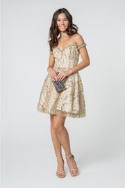 Sequined Short Off Shoulder Glitter Dress by Elizabeth K GS2833-Short Cocktail Dresses-ABC Fashion