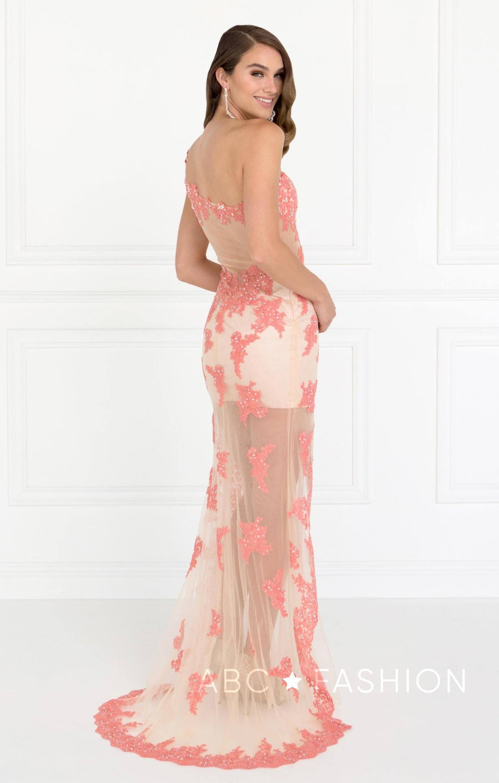 Sheer Long One Shoulder Coral Dress by Elizabeth K GL2051-Long Formal Dresses-ABC Fashion