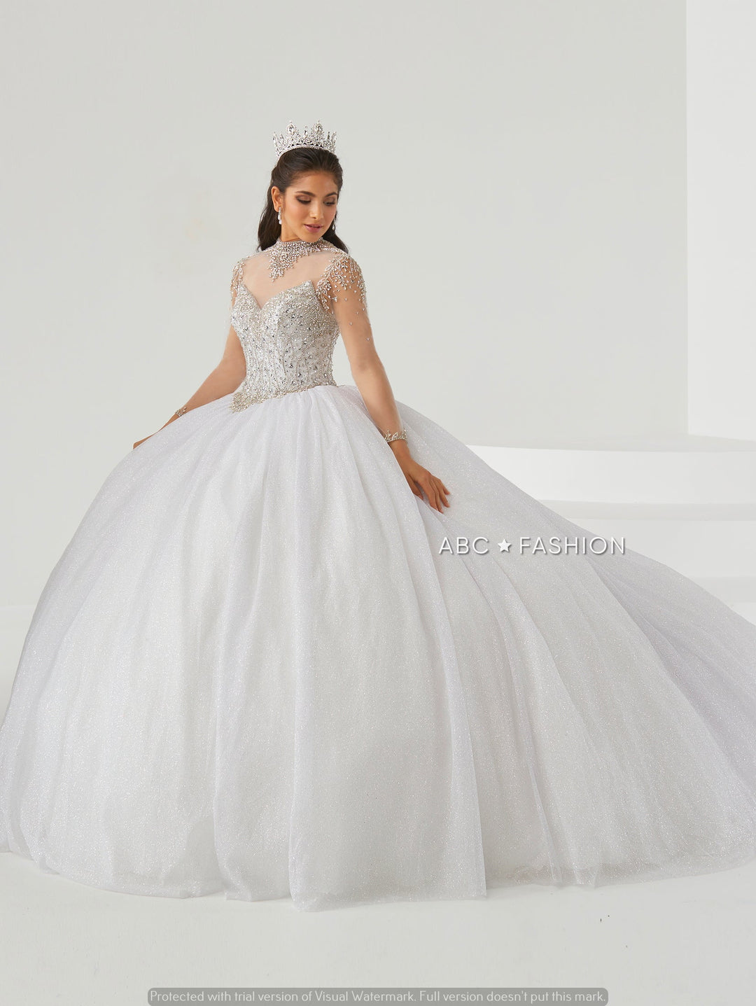 Sheer Long Sleeve Quinceanera Dress by House of Wu 26009