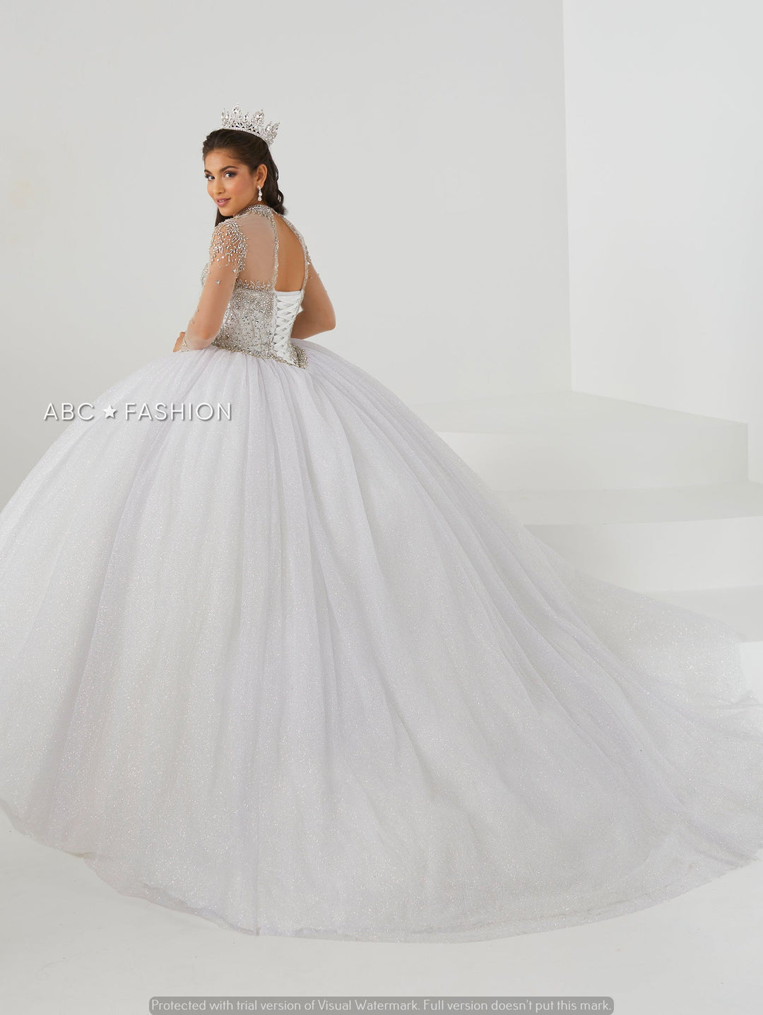 Sheer Long Sleeve Quinceanera Dress by House of Wu 26009