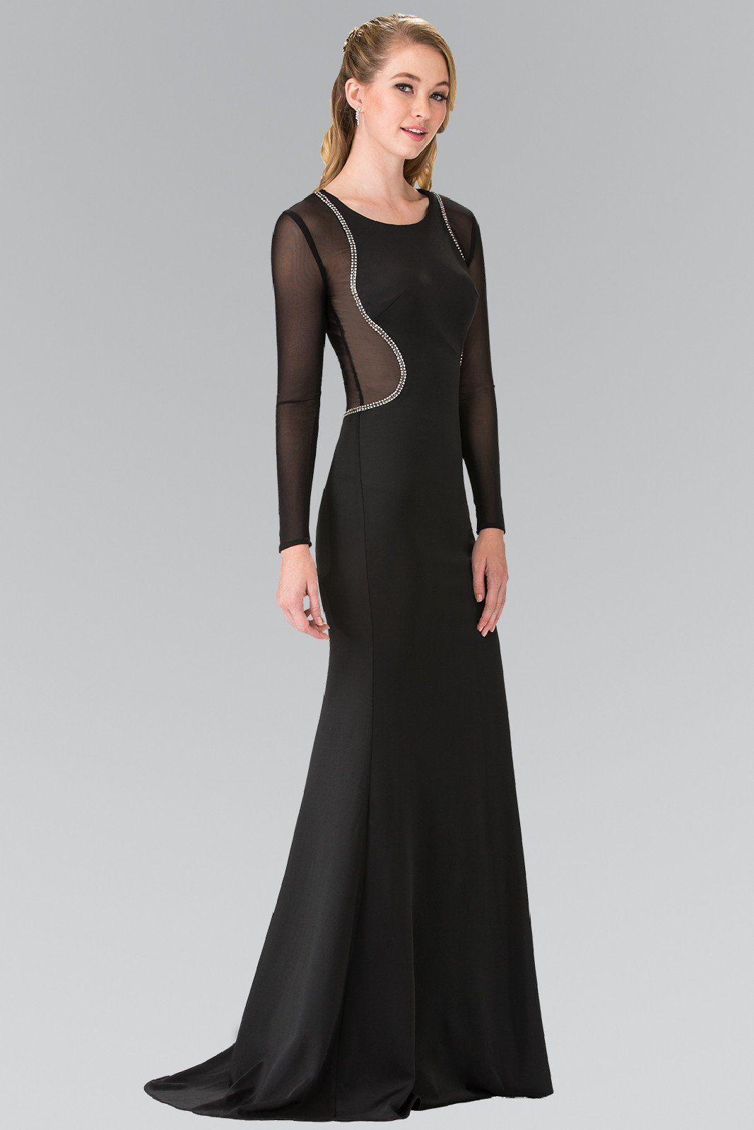 Sheer Long Sleeved Dress with Beaded Accents by Elizabeth K GL2284-Long Formal Dresses-ABC Fashion