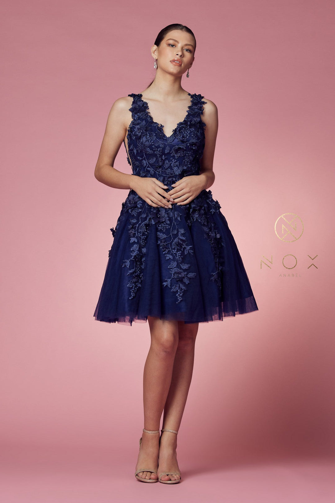 Short 3D Floral Applique Dress by Nox Anabel R708