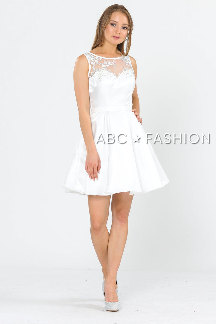 Short A-line Dress with Embroidered Illusion Top by Poly USA 8318-Short Cocktail Dresses-ABC Fashion