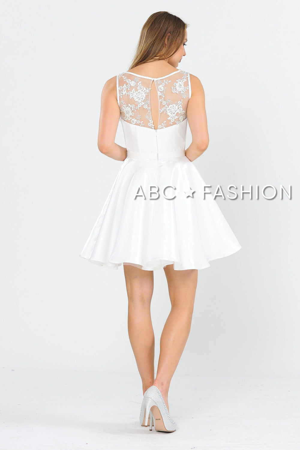 Short A-line Dress with Embroidered Illusion Top by Poly USA 8318-Short Cocktail Dresses-ABC Fashion