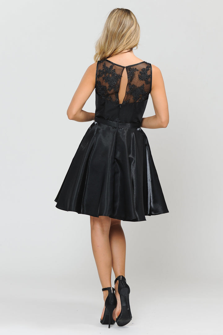 Short A-line Dress with Embroidered Illusion Top by Poly USA 8318-Short Cocktail Dresses-ABC Fashion