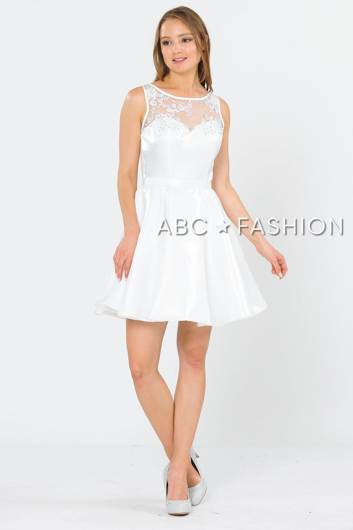 Short A-line Dress with Embroidered Illusion Top by Poly USA 8318-Short Cocktail Dresses-ABC Fashion