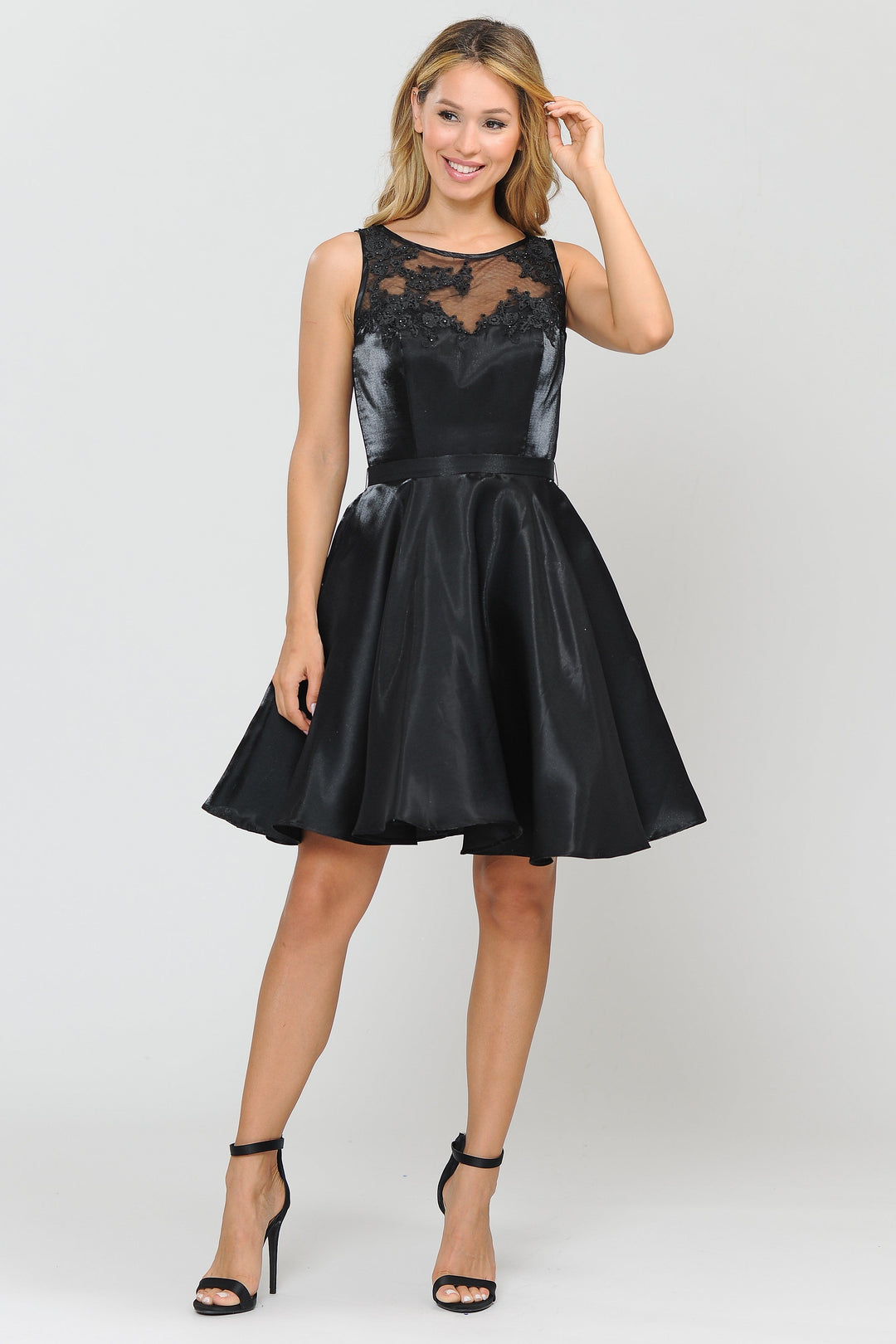 Short A-line Dress with Embroidered Illusion Top by Poly USA 8318-Short Cocktail Dresses-ABC Fashion