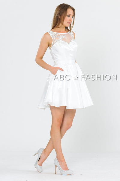 Short A-line Dress with Embroidered Illusion Top by Poly USA 8318-Short Cocktail Dresses-ABC Fashion