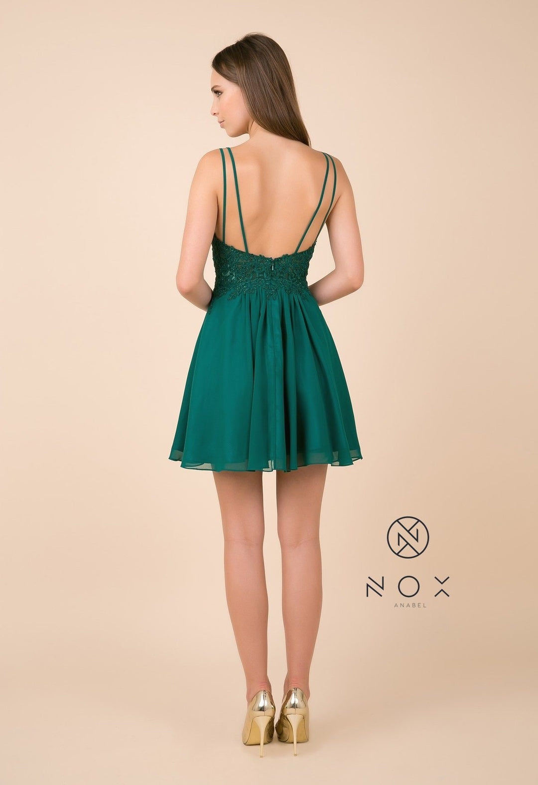 Short A-line Dress with V-Neck Lace Bodice by Nox Anabel G679-Short Cocktail Dresses-ABC Fashion