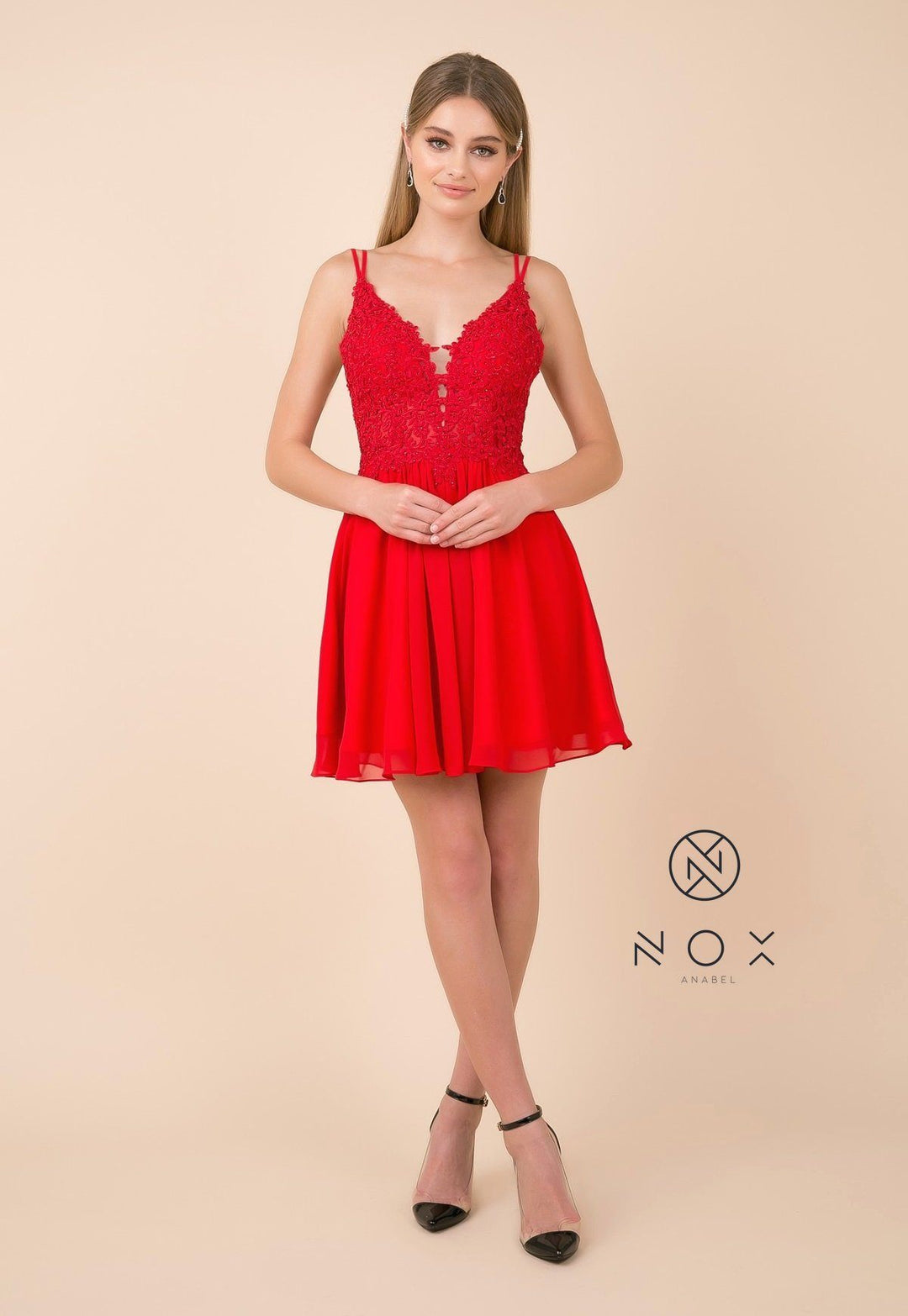 Short A-line Dress with V-Neck Lace Bodice by Nox Anabel G679-Short Cocktail Dresses-ABC Fashion