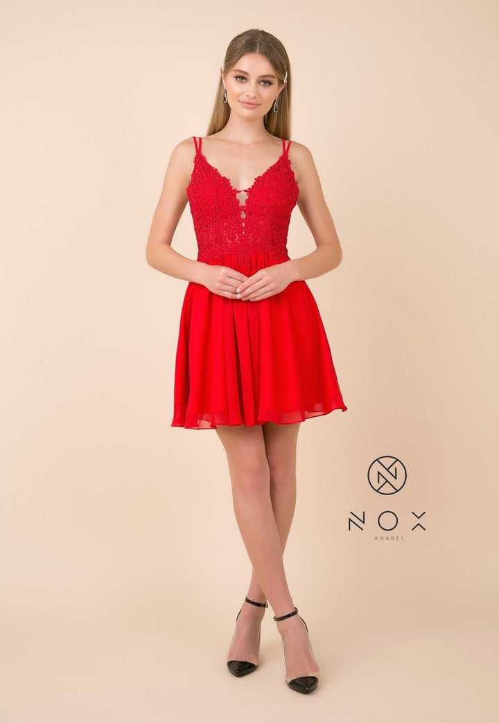 Short A-line Dress with V-Neck Lace Bodice by Nox Anabel G679-Short Cocktail Dresses-ABC Fashion
