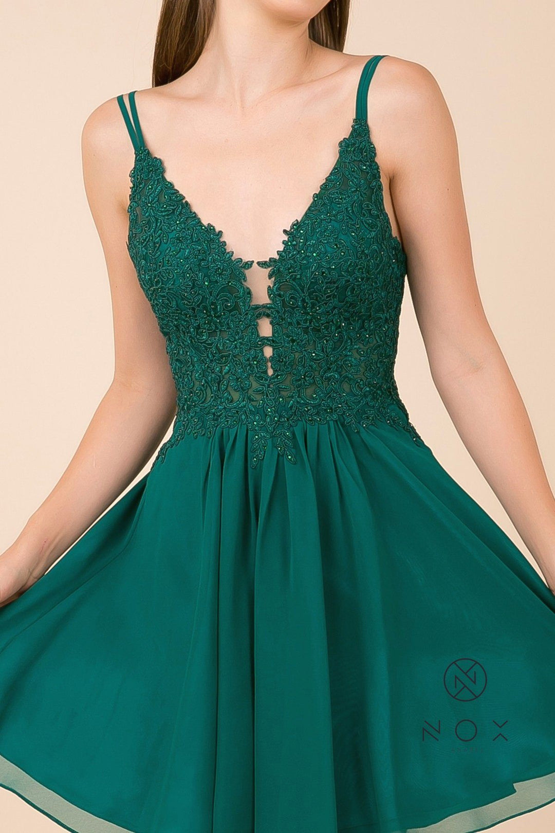 Short A-line Dress with V-Neck Lace Bodice by Nox Anabel G679-Short Cocktail Dresses-ABC Fashion
