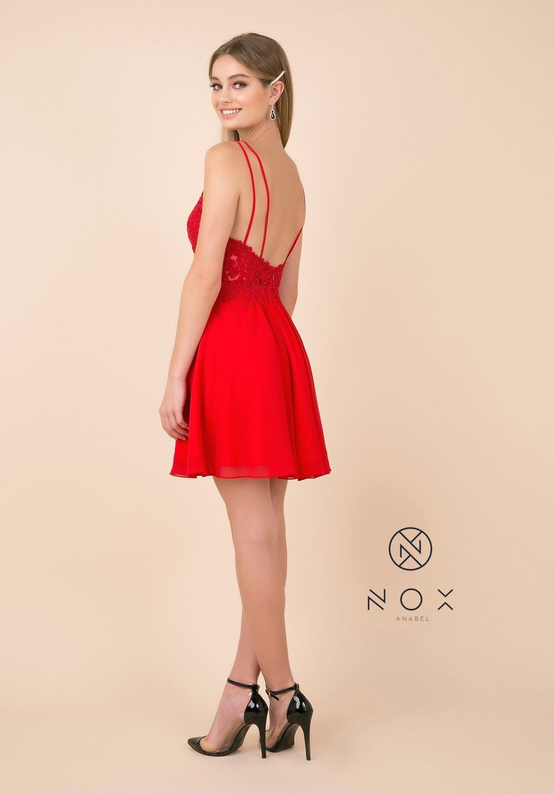 Short A-line Dress with V-Neck Lace Bodice by Nox Anabel G679-Short Cocktail Dresses-ABC Fashion