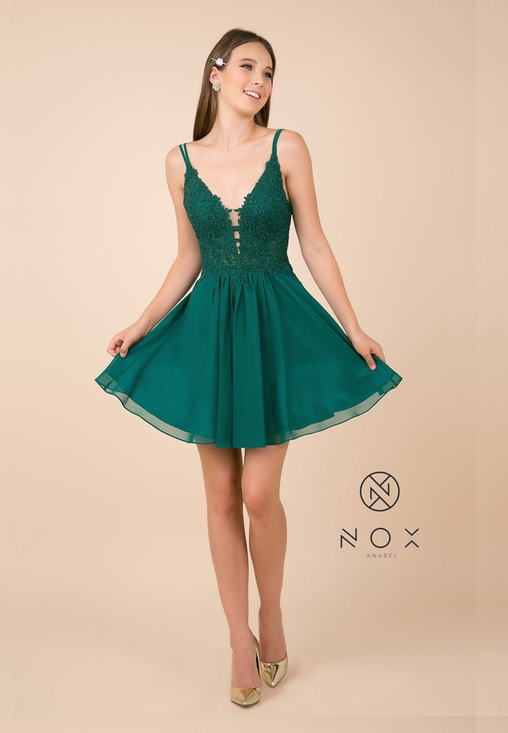 Short A-line Dress with V-Neck Lace Bodice by Nox Anabel G679-Short Cocktail Dresses-ABC Fashion