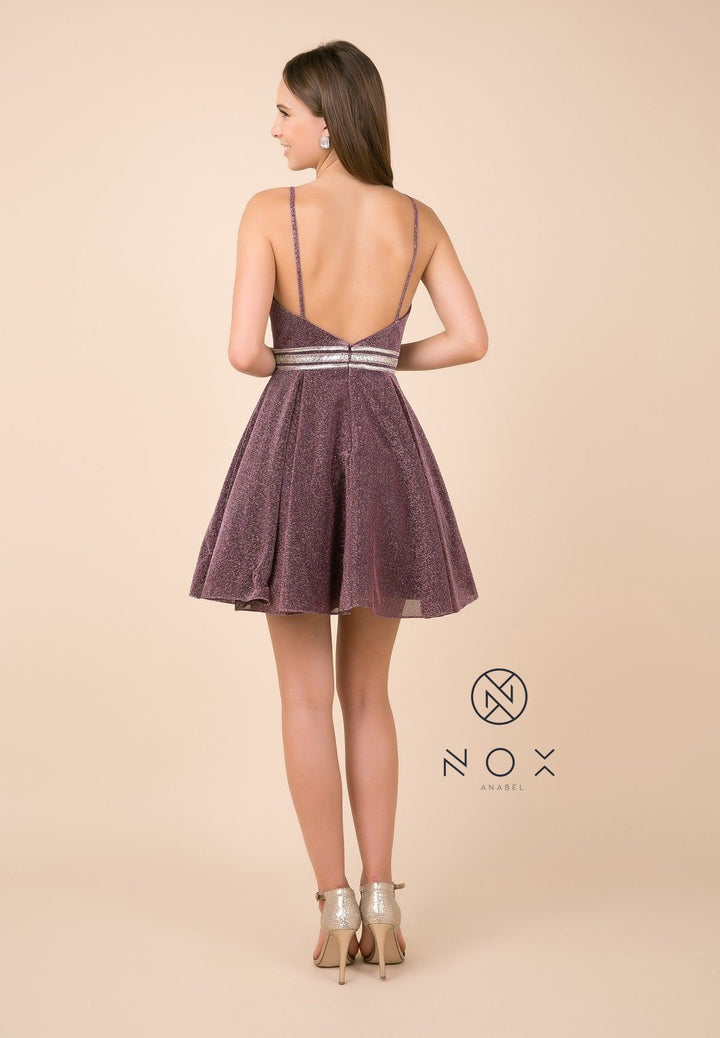 Short A-line Metallic Glitter Dress with V-Neckline by Nox Anabel Y678-Short Cocktail Dresses-ABC Fashion