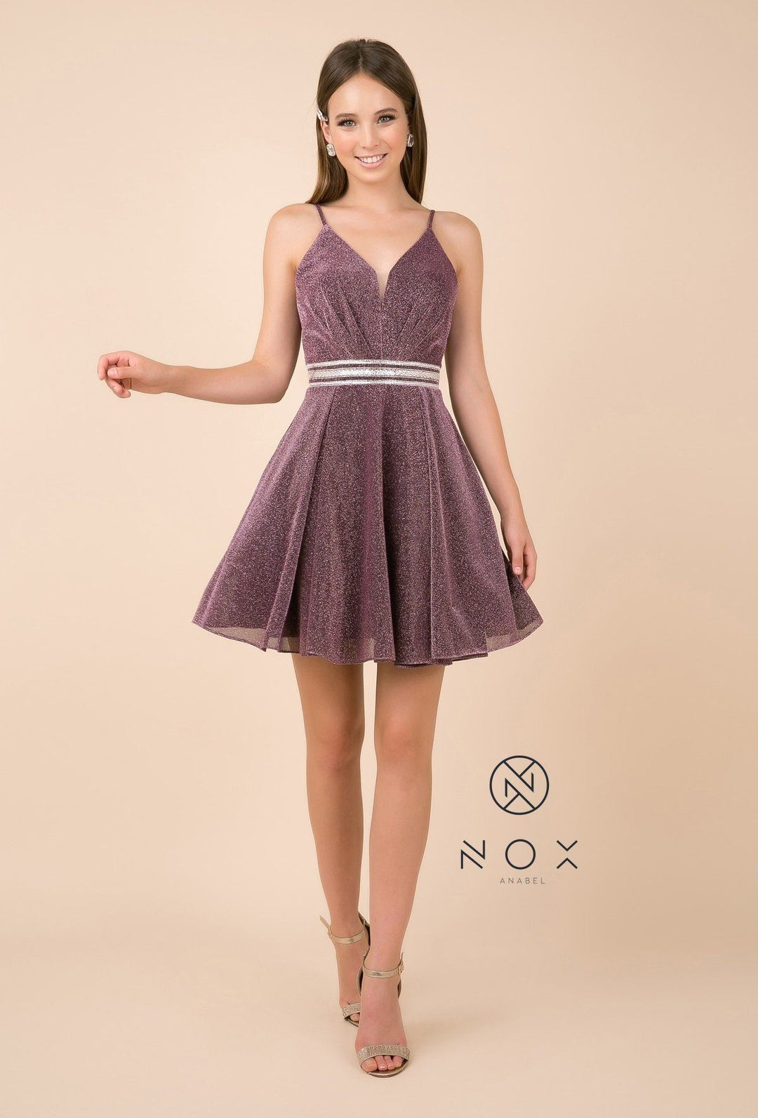 Short A-line Metallic Glitter Dress with V-Neckline by Nox Anabel Y678-Short Cocktail Dresses-ABC Fashion